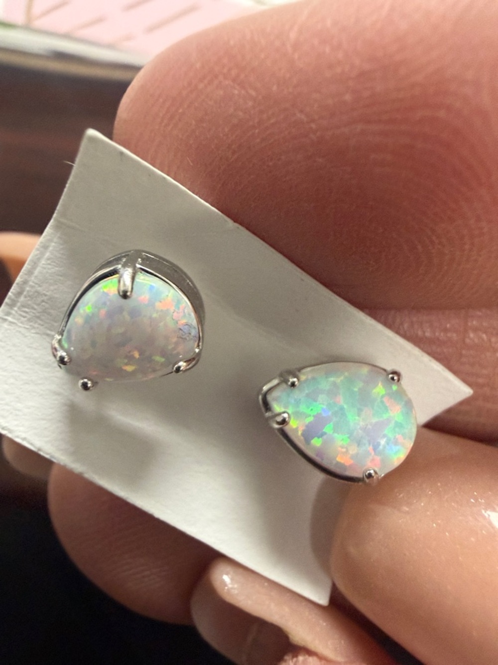 Teardrop Opal Stud Earrings in White - Elegant Women's Jewelry Sterling Silver - Picture 4 of 4